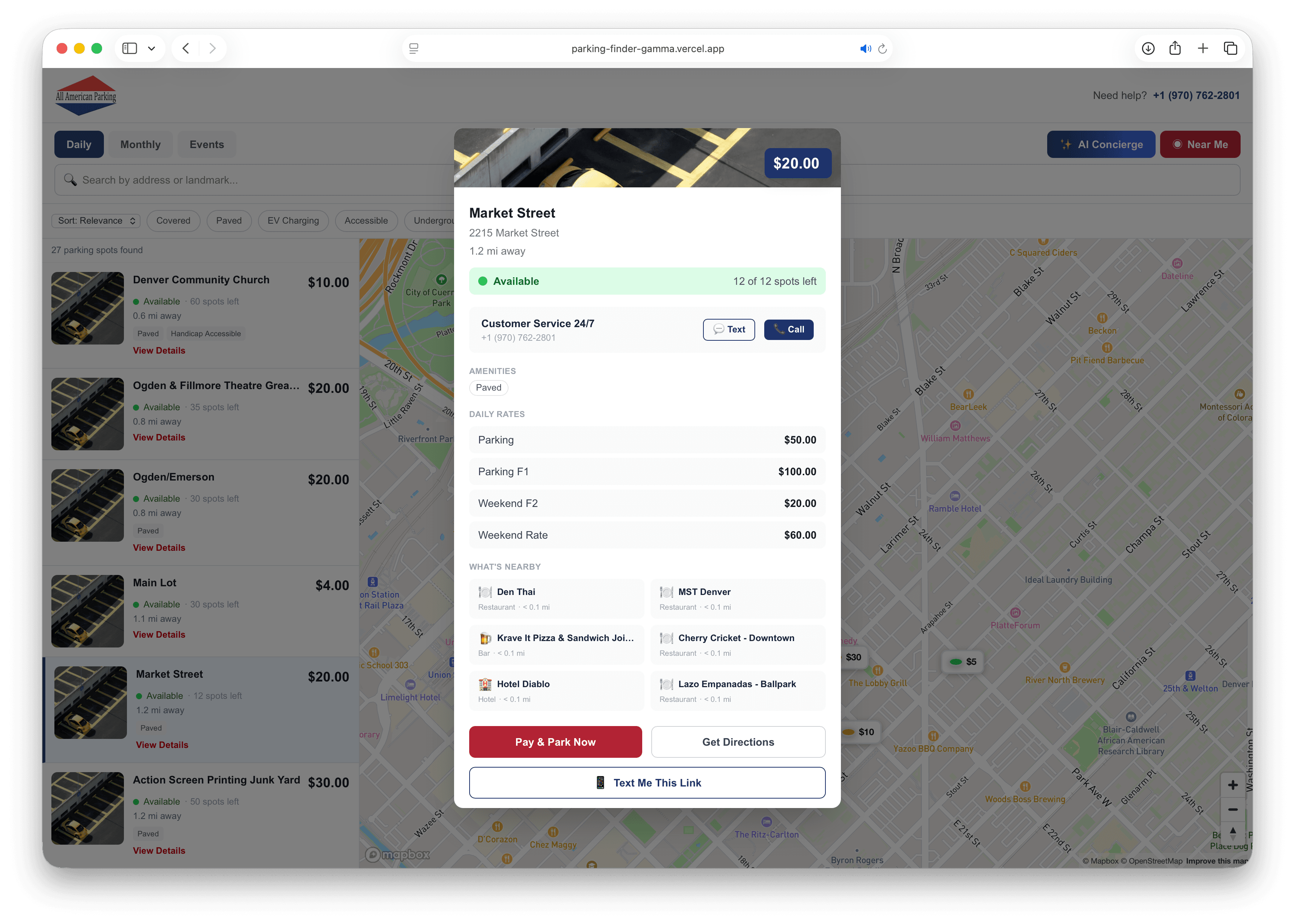 Parking Finder desktop — lot detail view with rates, amenities, nearby restaurants, and payment options